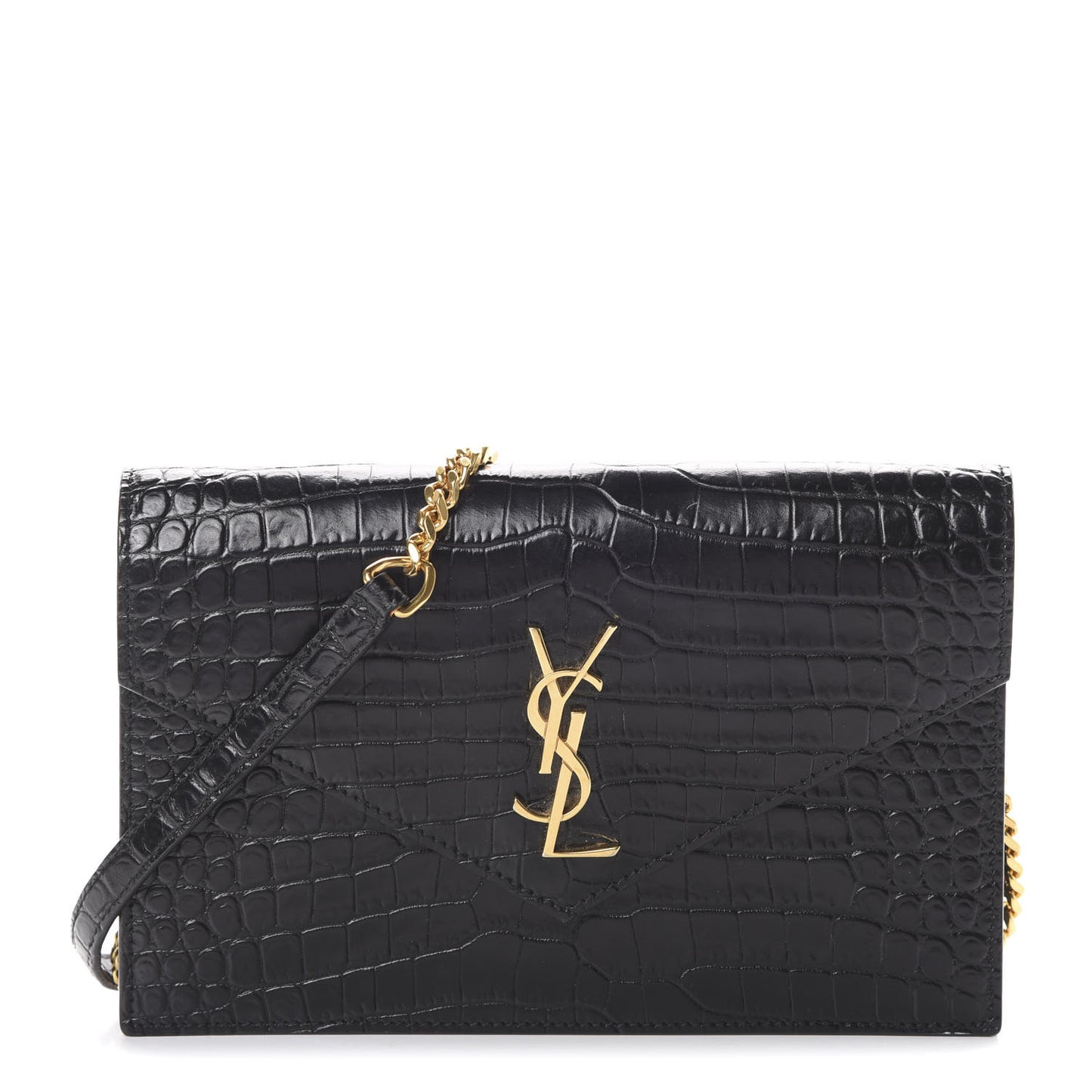 Calfskin Crocodile Embossed Monogram Envelope Chain Wallet Black