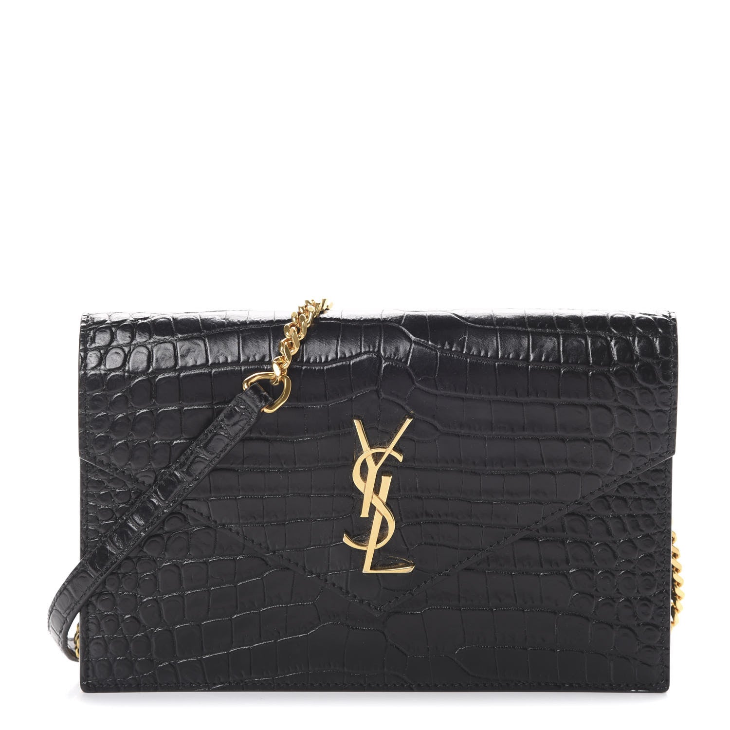 Saint Laurent Calfskin Crocodile Embossed Monogram Envelope Chain Wallet Black 1 of 13