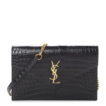 Saint Laurent Calfskin Crocodile Embossed Monogram Envelope Chain Wallet Black 1 of 13