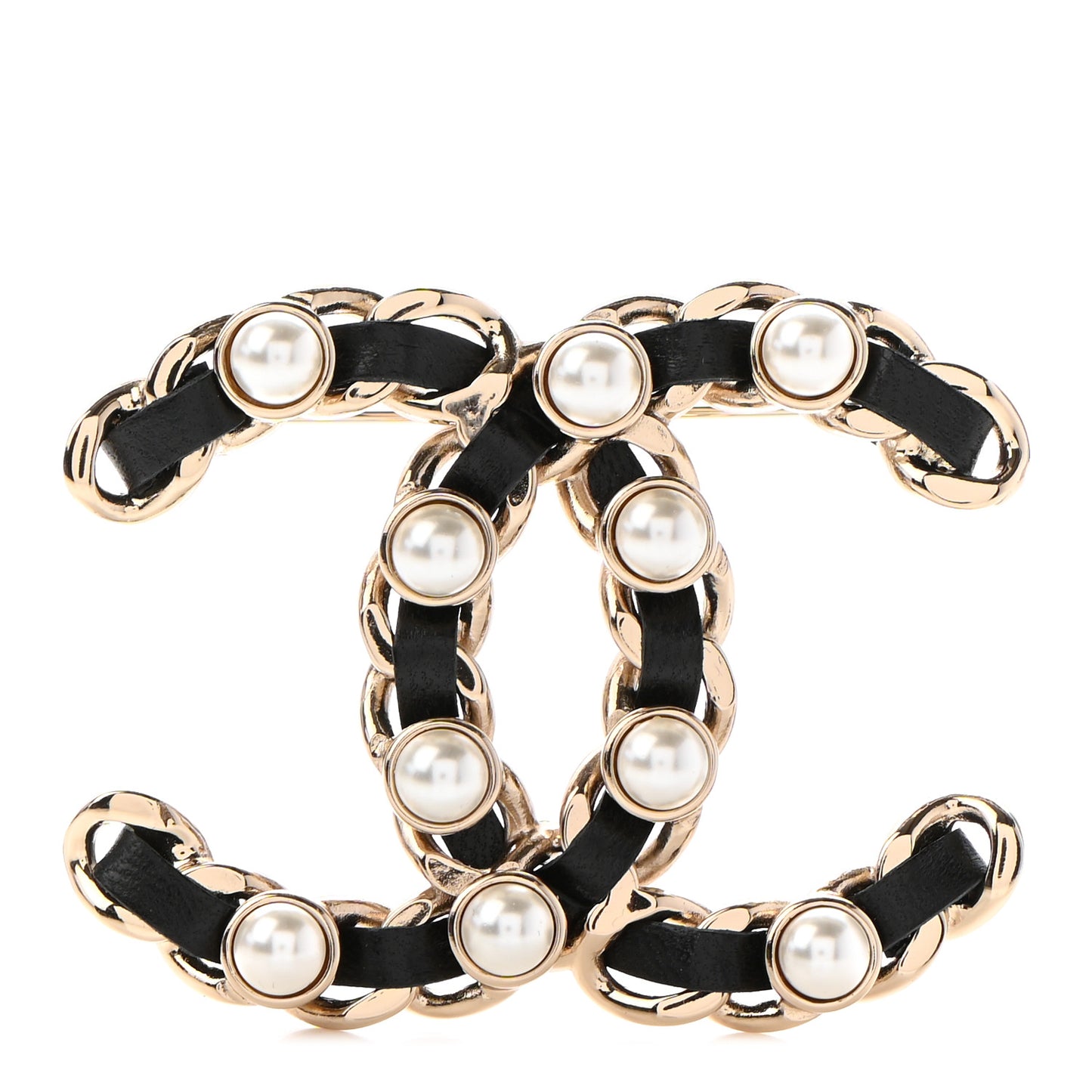 Lambskin Pearl CC Chain Brooch Black Gold