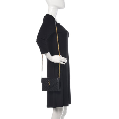 Saint Laurent Grain De Poudre Matelasse Chevron Monogram Envelope Chain Wallet Black 2 of 10