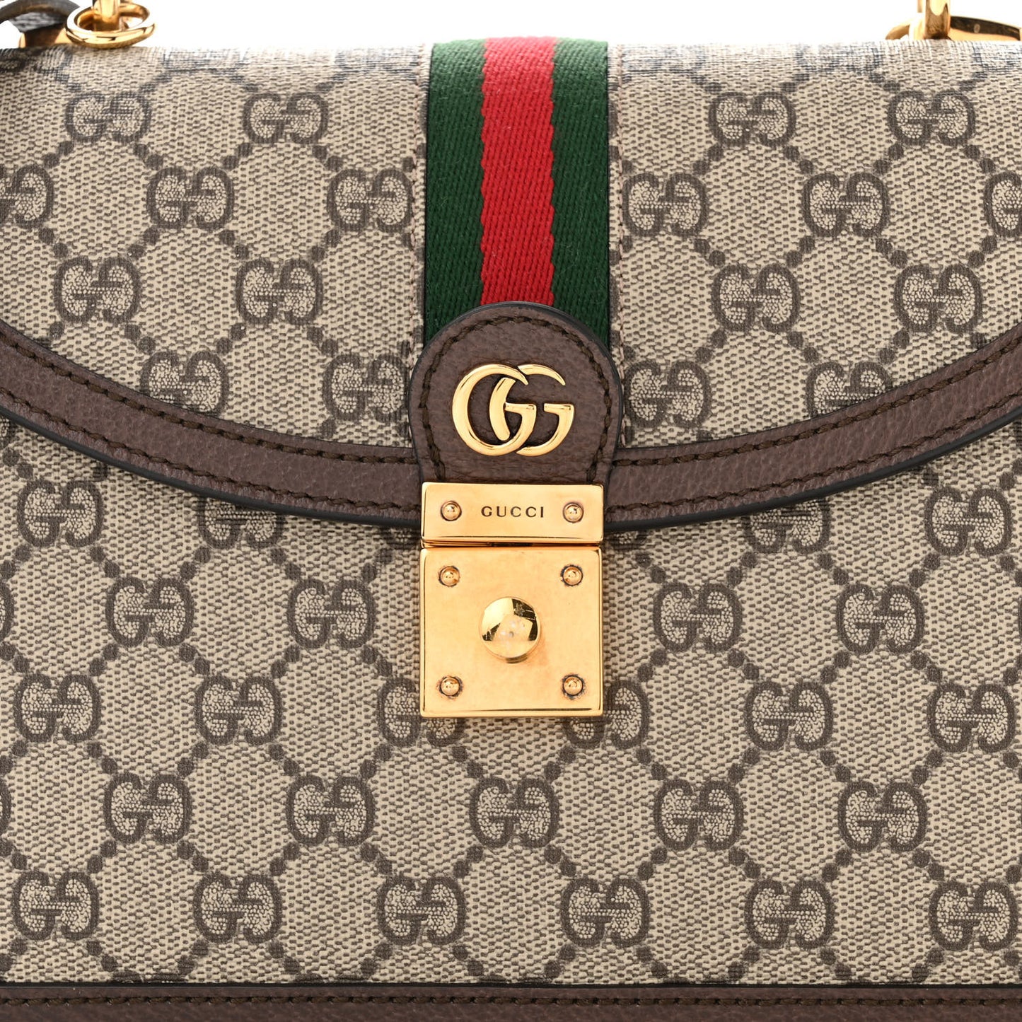 GG Supreme Monogram Textured Dollar Calfskin Web Small Ophidia Padlock Top Handle Bag Beige Ebony New Acero