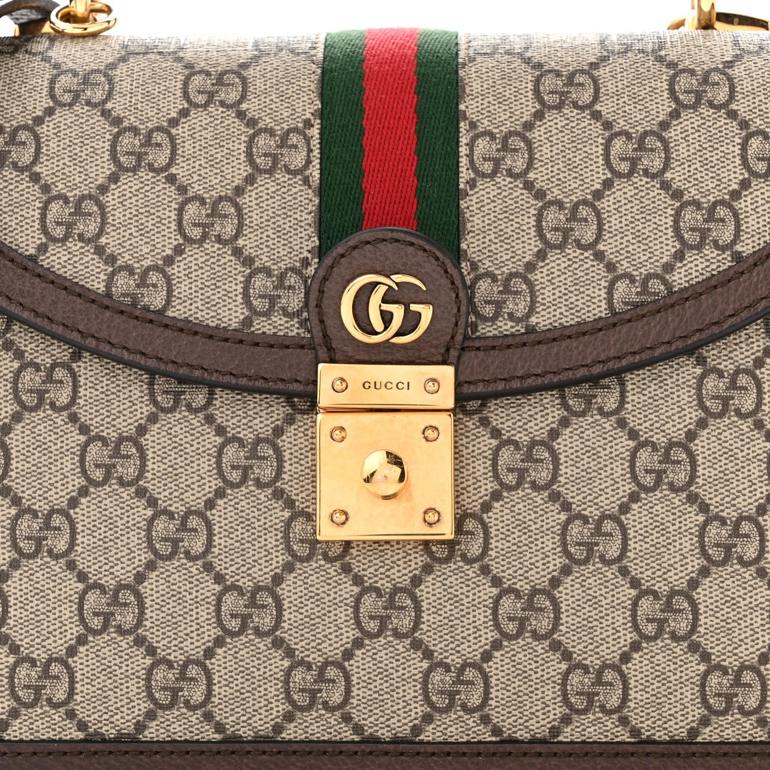 Gucci GG Supreme Monogram Textured Dollar Calfskin Web Small Ophidia Padlock Top Handle Bag Beige Ebony New Acero 8 of 10
