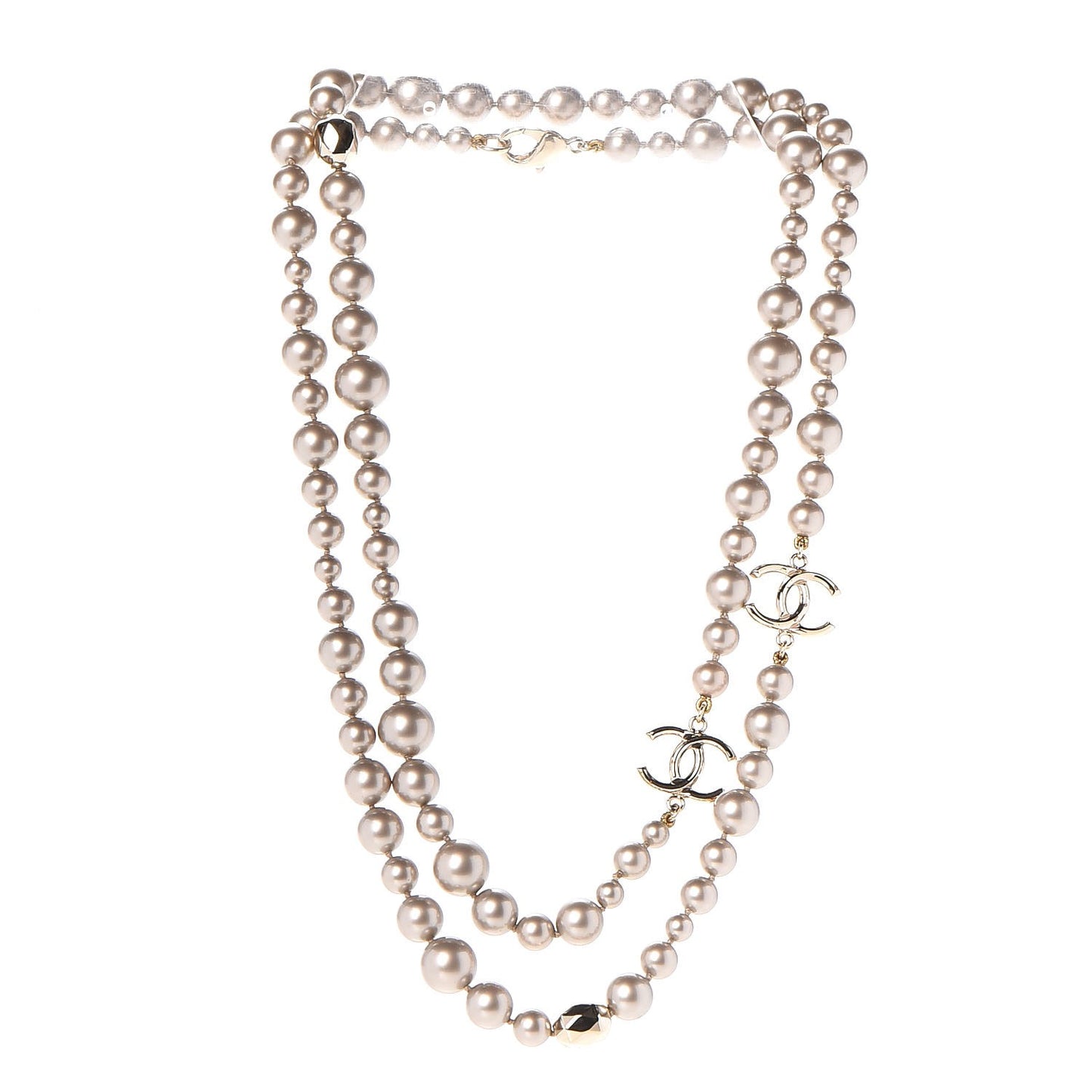 Resin Pearl CC Long Necklace in Golden Pearly Beige