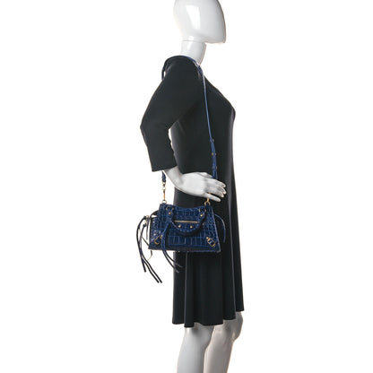 Balenciaga Shiny Supple Calfskin Crocodile Embossed Neo Classic Gold Hardware Mini City Navy 2 of 8