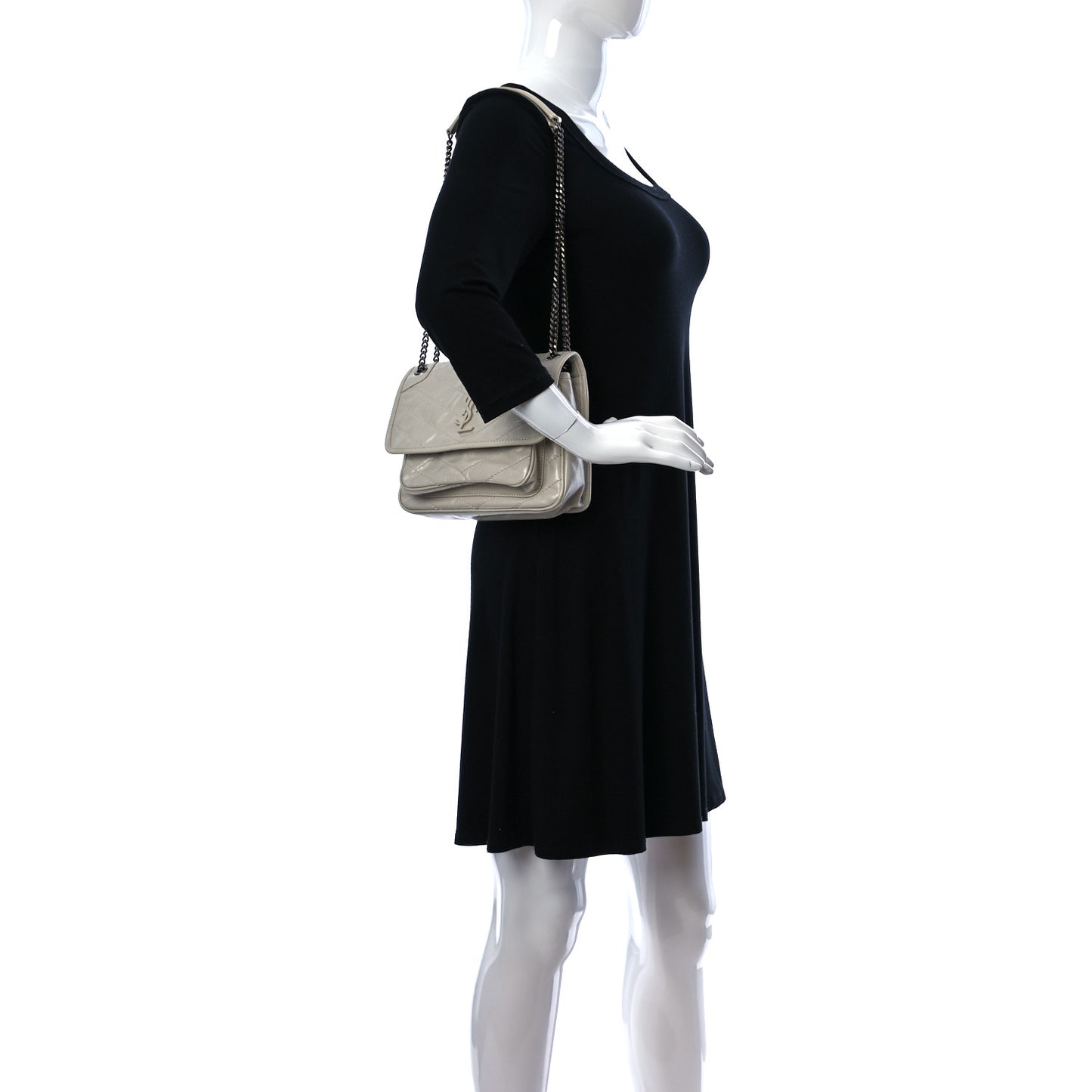 Crinkled Calfskin Matelasse Monogram Baby Niki Chain Satchel Ivory