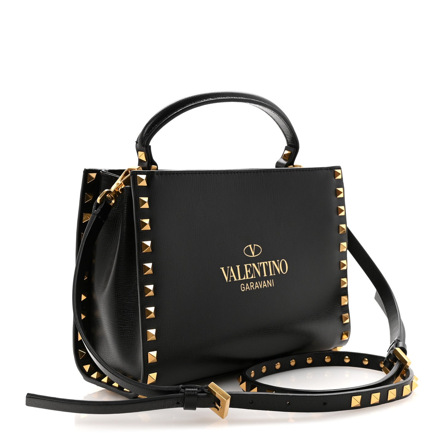 Grainy Calfskin Small Rockstud Allover Alcove Top Handle Tote Bag Black