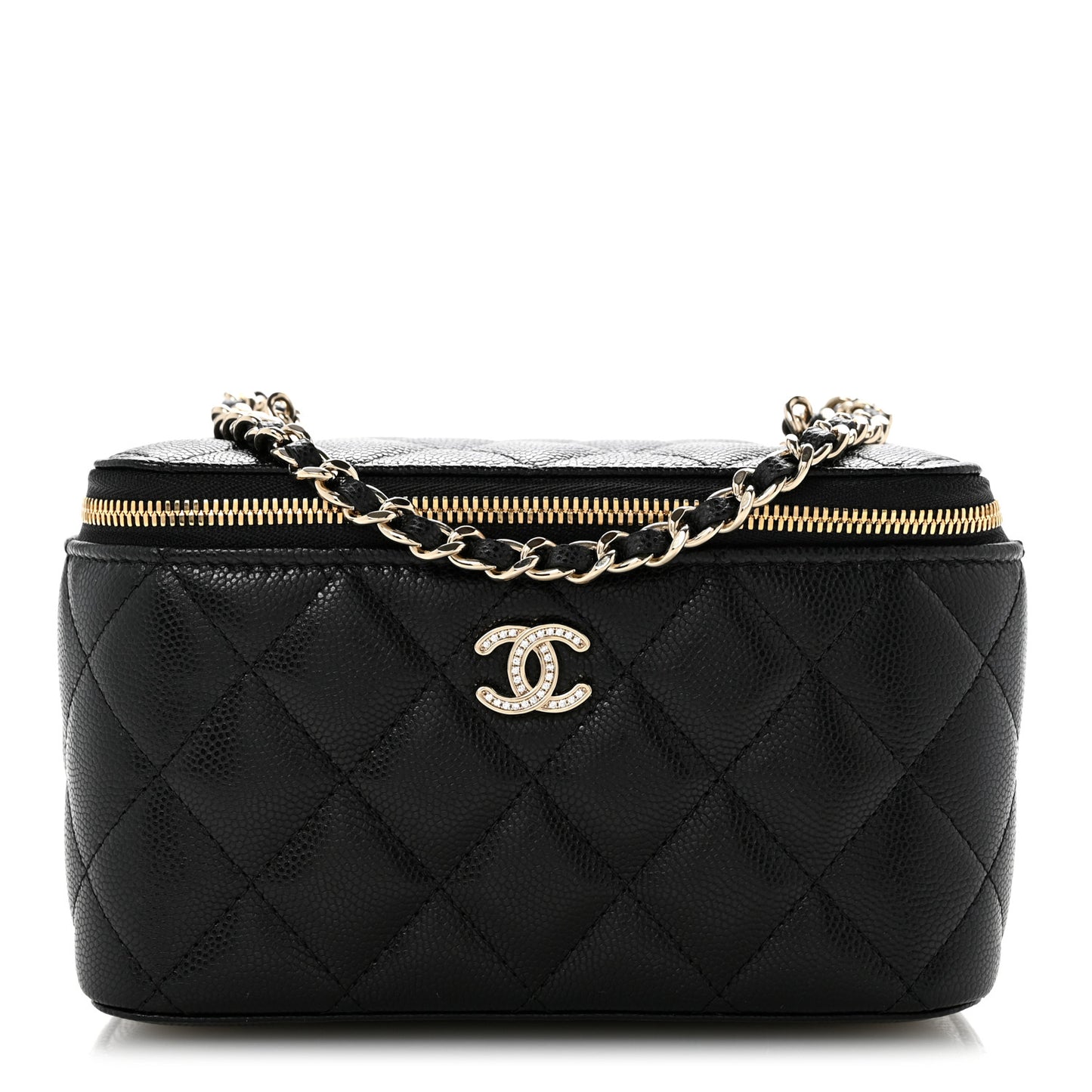 Caviar Quilted Crystal CC Logo Vanity Case With Chain Black