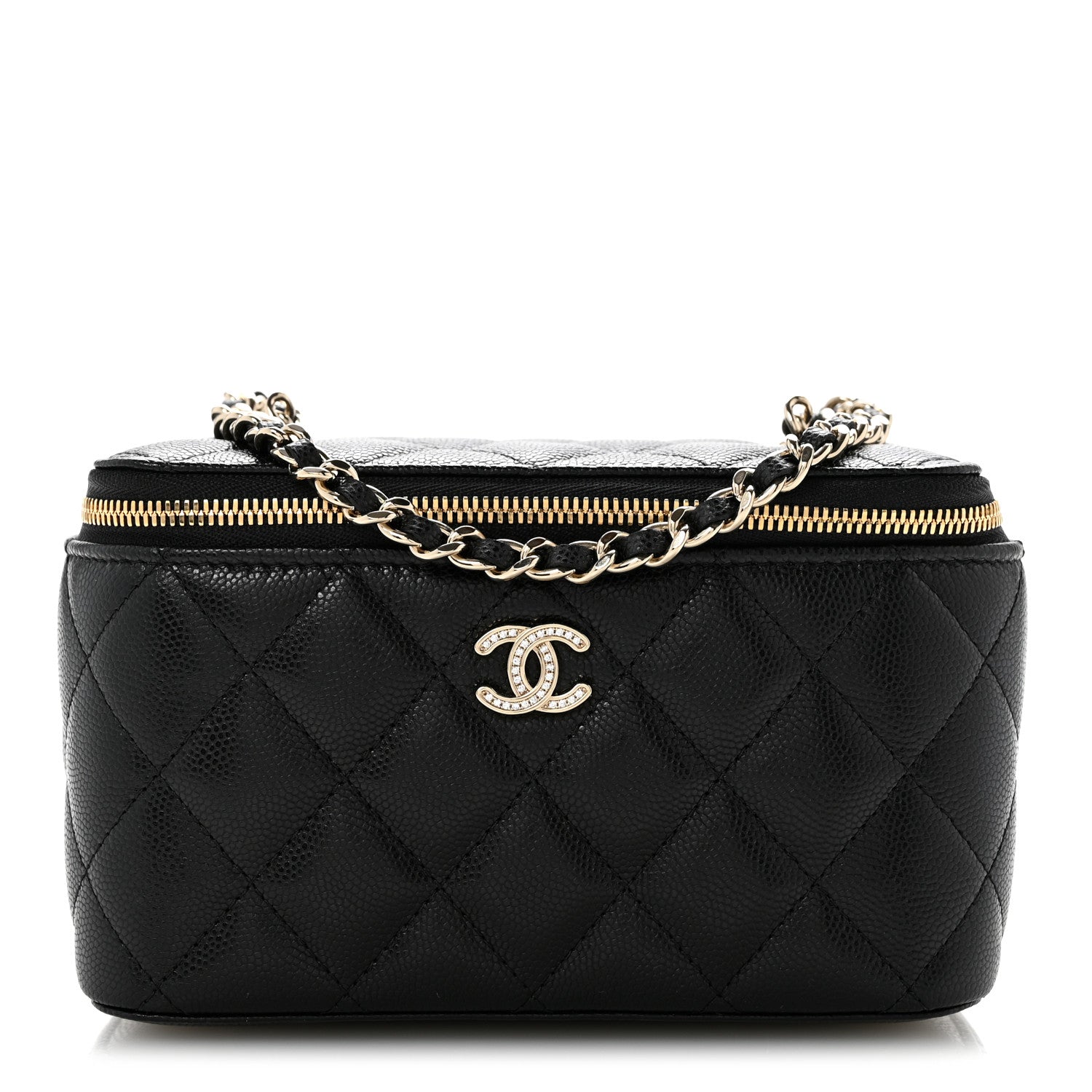 Chanel Caviar Quilted Crystal CC Logo Vanity Case With Chain Black 1 of 10