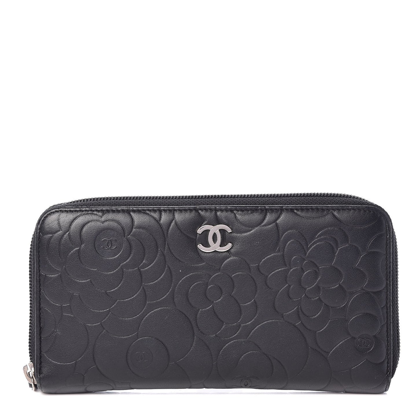 Lambskin Camellia Embossed Large Zip Around Gusset Wallet Black