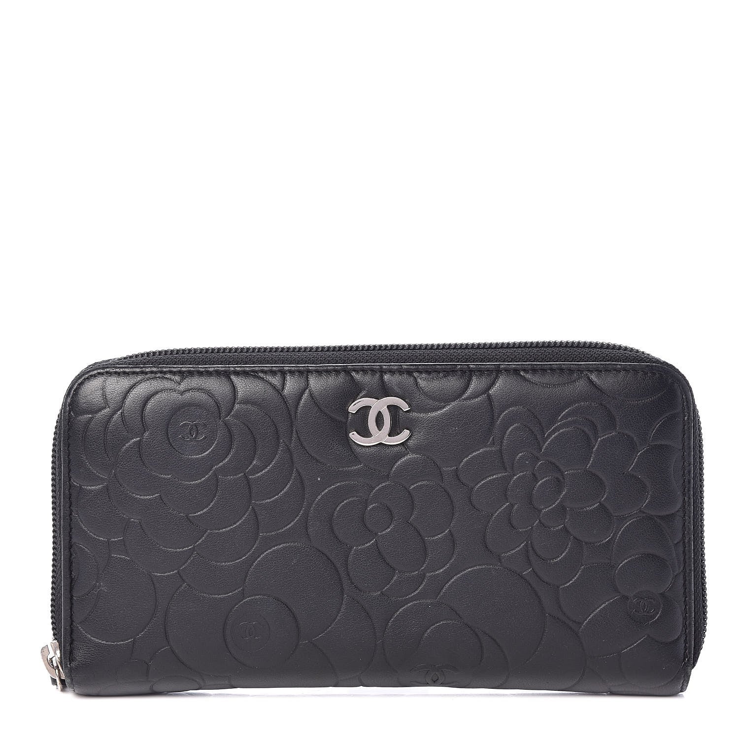Chanel Lambskin Camellia Embossed Large Zip Around Gusset Wallet Black 1 of 13