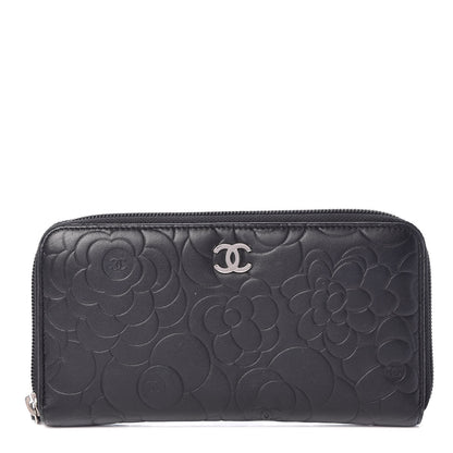Chanel Lambskin Camellia Embossed Large Zip Around Gusset Wallet Black 1 of 13