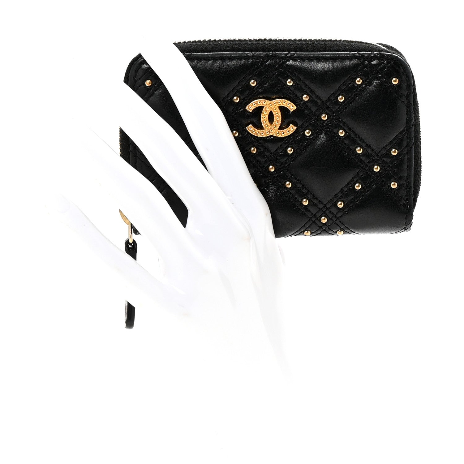 Chanel Lambskin Studded Quilted Compact Zip Around Wallet Black 2 of 7