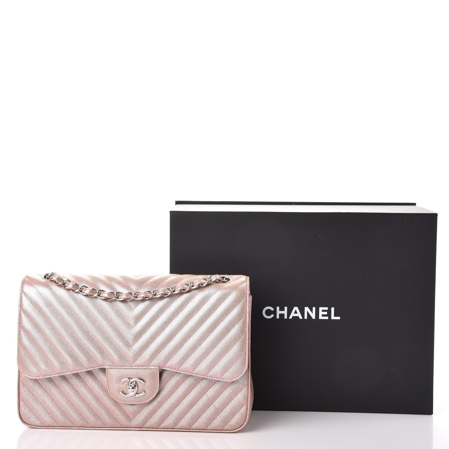 Metallic Caviar Chevron Quilted Jumbo Double Flap Light Gold