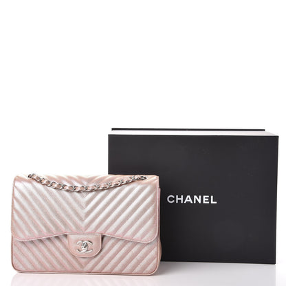 Chanel Metallic Caviar Chevron Quilted Jumbo Double Flap Light Gold 8 of 8