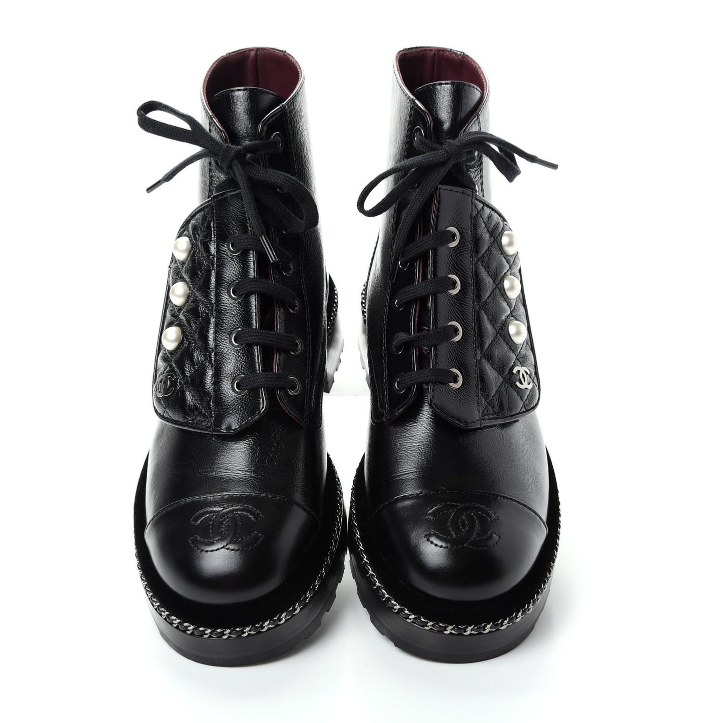 Crackled Calfskin Velvet Pearl Combat Short Boots 38 Black