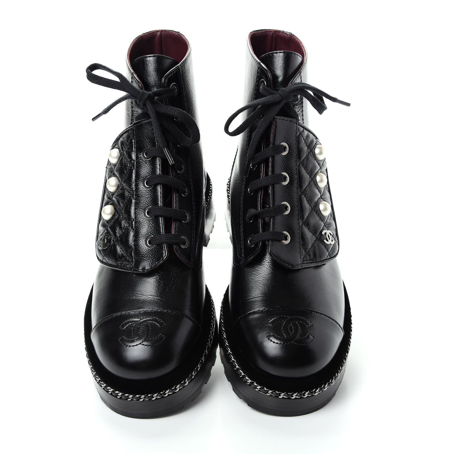 Chanel Crackled Calfskin Velvet Pearl Combat Short Boots 38 Black 5 of 11