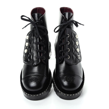 Chanel Crackled Calfskin Velvet Pearl Combat Short Boots 38 Black 5 of 11