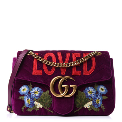 Gucci Velvet Matelasse Loved Embroidered Medium GG Marmont Shoulder Bag Fuchsia Violet Cyclamen 1 of 14