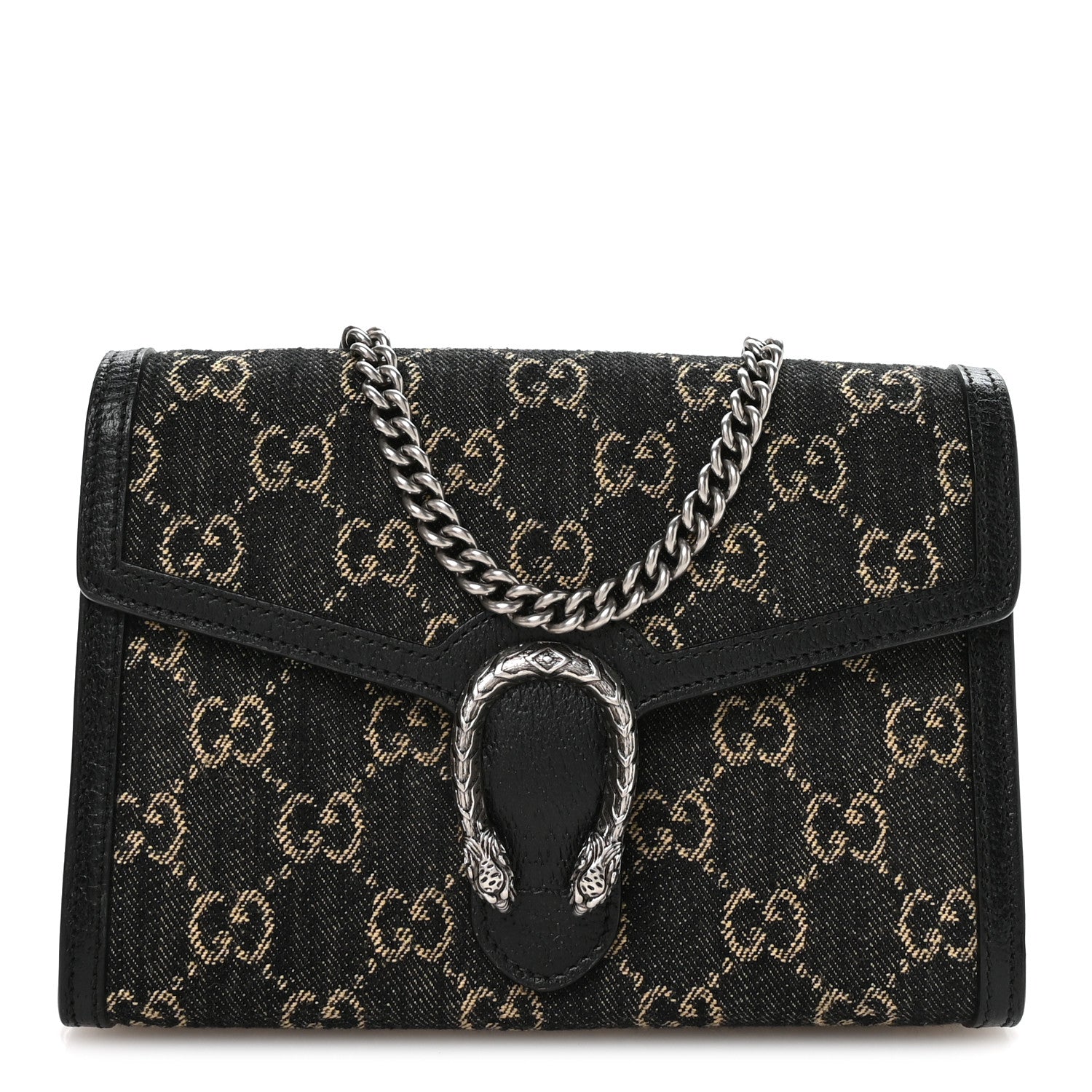 Gucci Jacquard Black Denim GG Monogram Mini Dionysus Chain Wallet Black Ivory 1 of 11