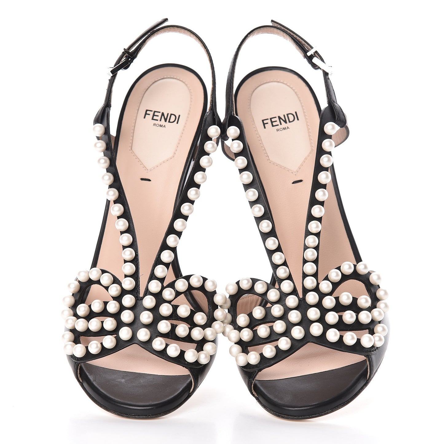 Calfskin Faux Pearl Embellished Bow Ankle Strap Heel 37 Black