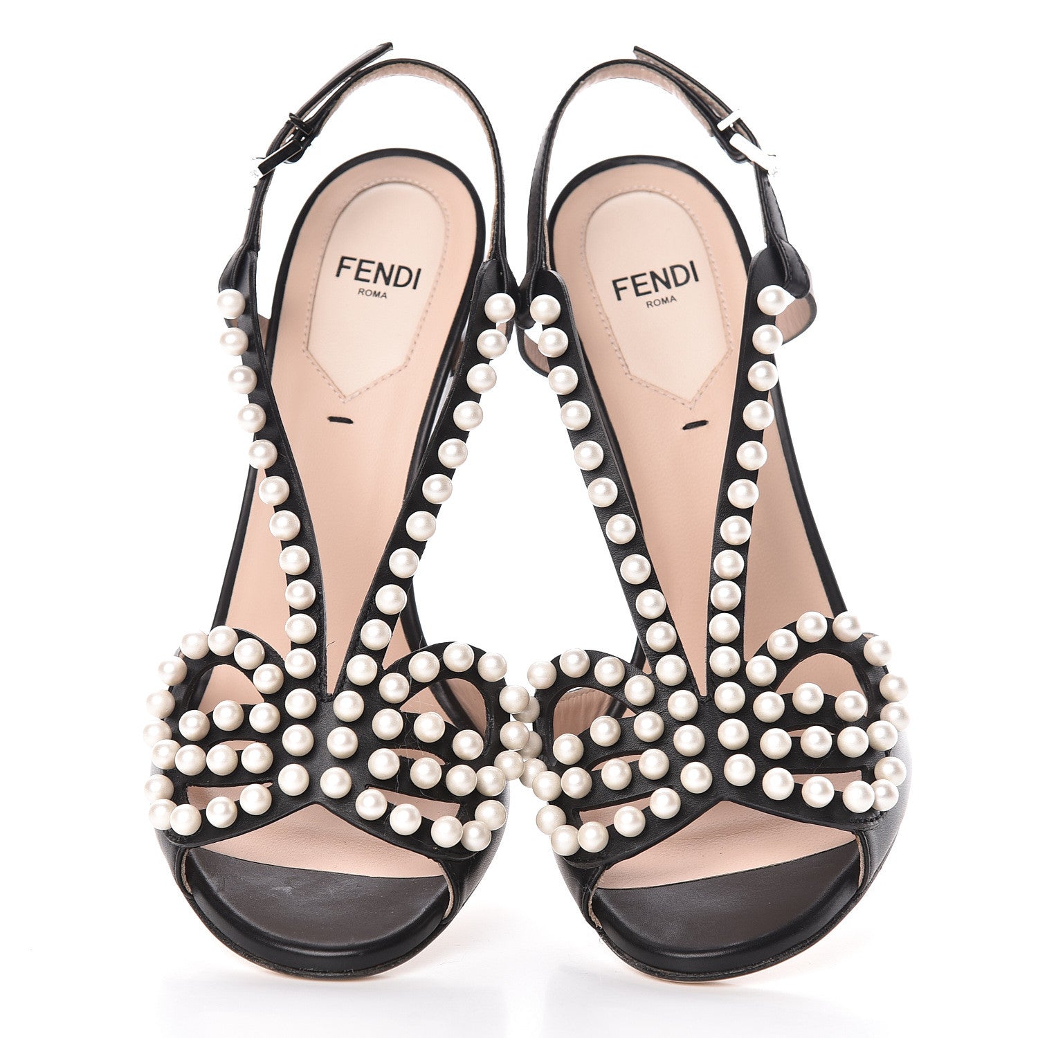 Fendi Calfskin Faux Pearl Embellished Bow Ankle Strap Heel 37 Black 5 of 8