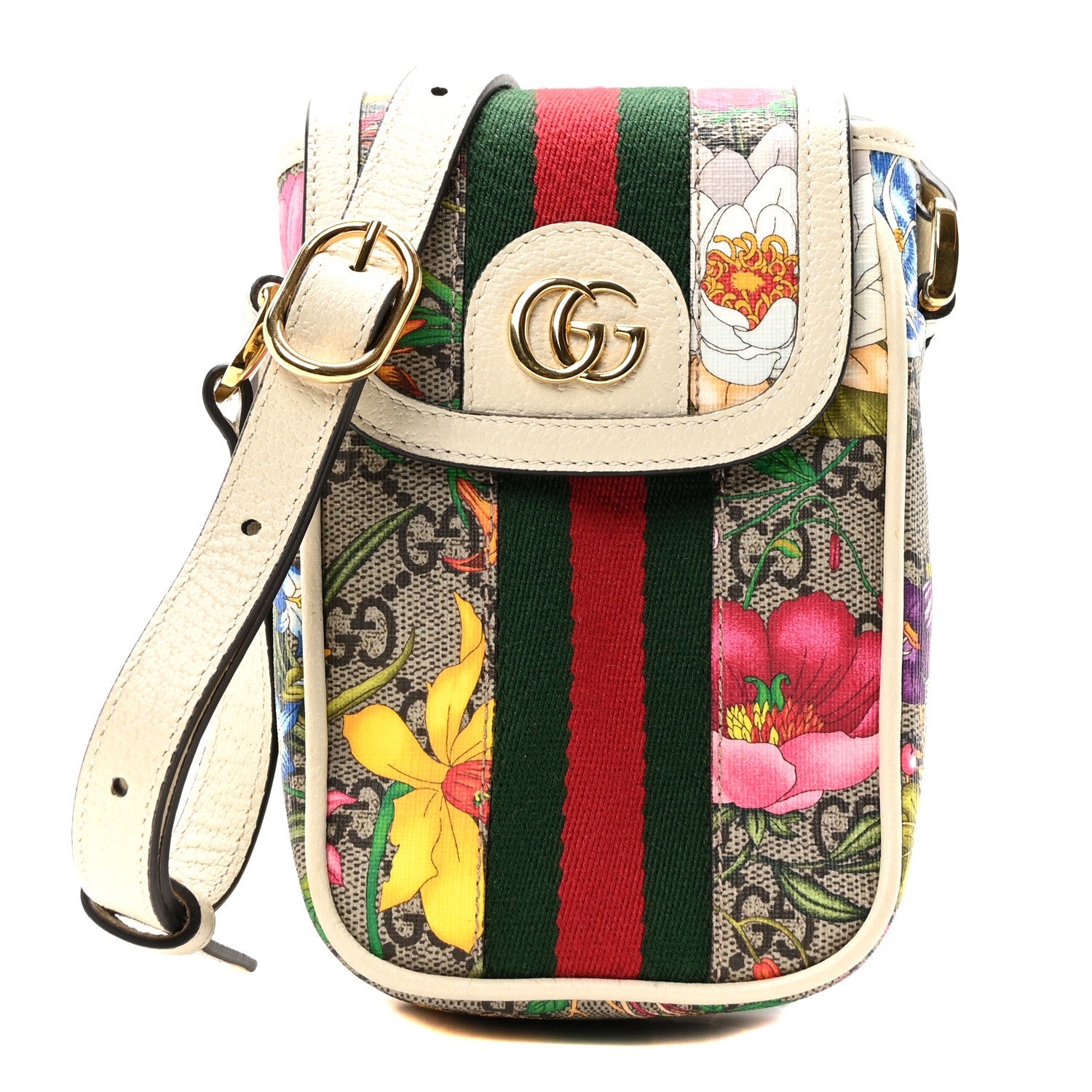 Gucci GG Supreme Monogram Flora Web Ophidia Phone Crossbody Bag White 1 of 9