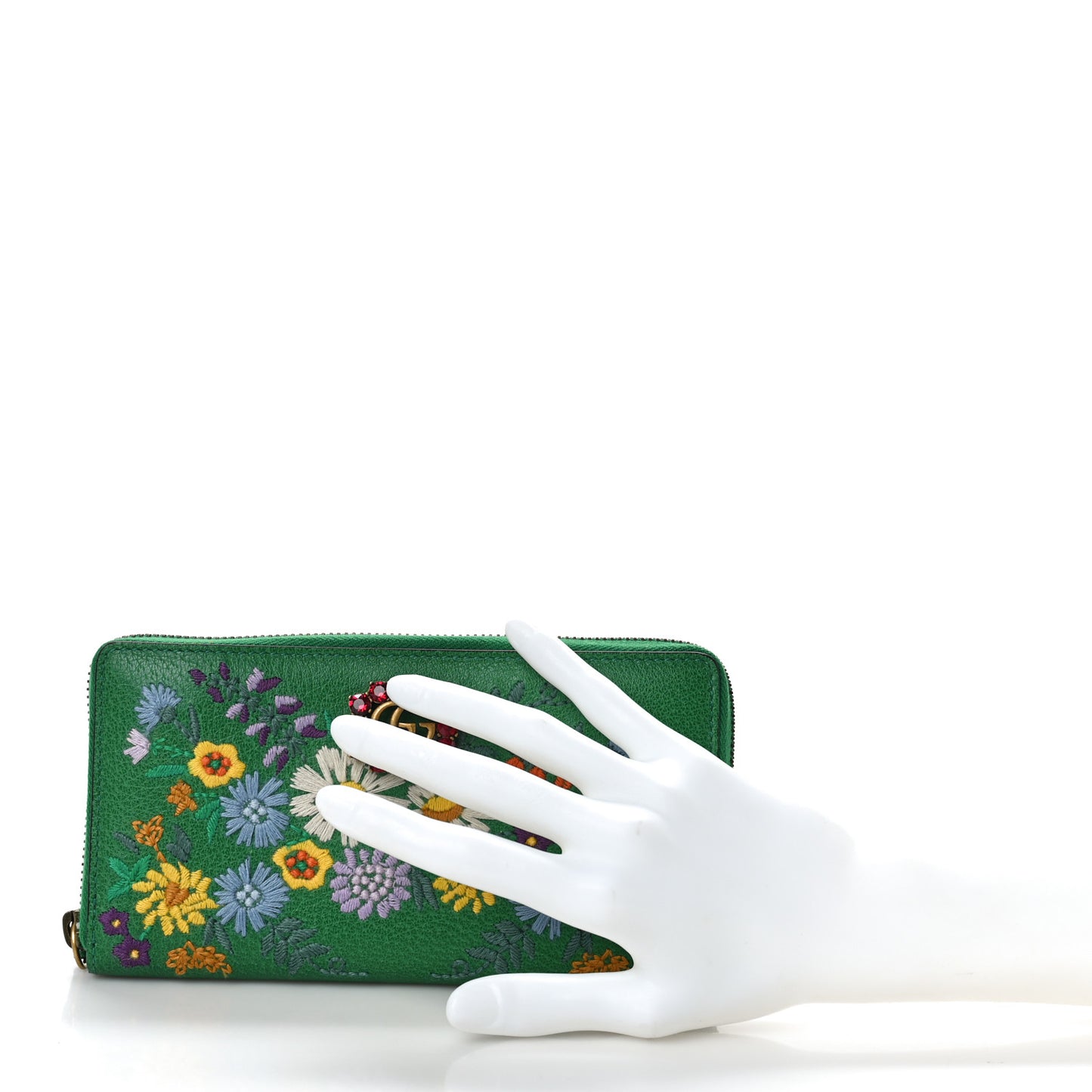 Textured Calfskin Crystal Fiori Floral Embroidered GG Zip Around Wallet Grass Green