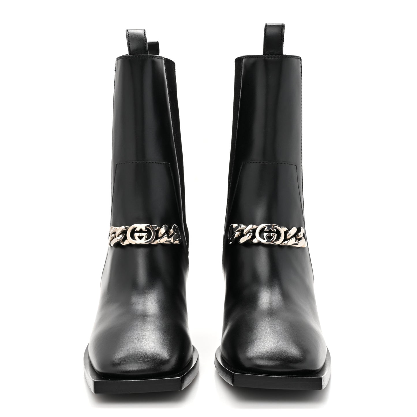 New Waxed Calfskin Chain Square Toe Boots 35.5 Black