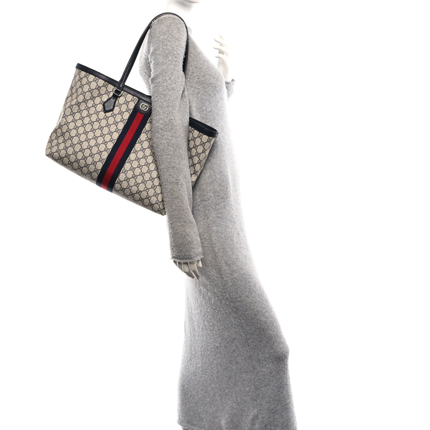 Gucci GG Supreme Monogram Textured Calfskin Web Medium Ophidia Shopping Tote Beige Blue 2 of 10