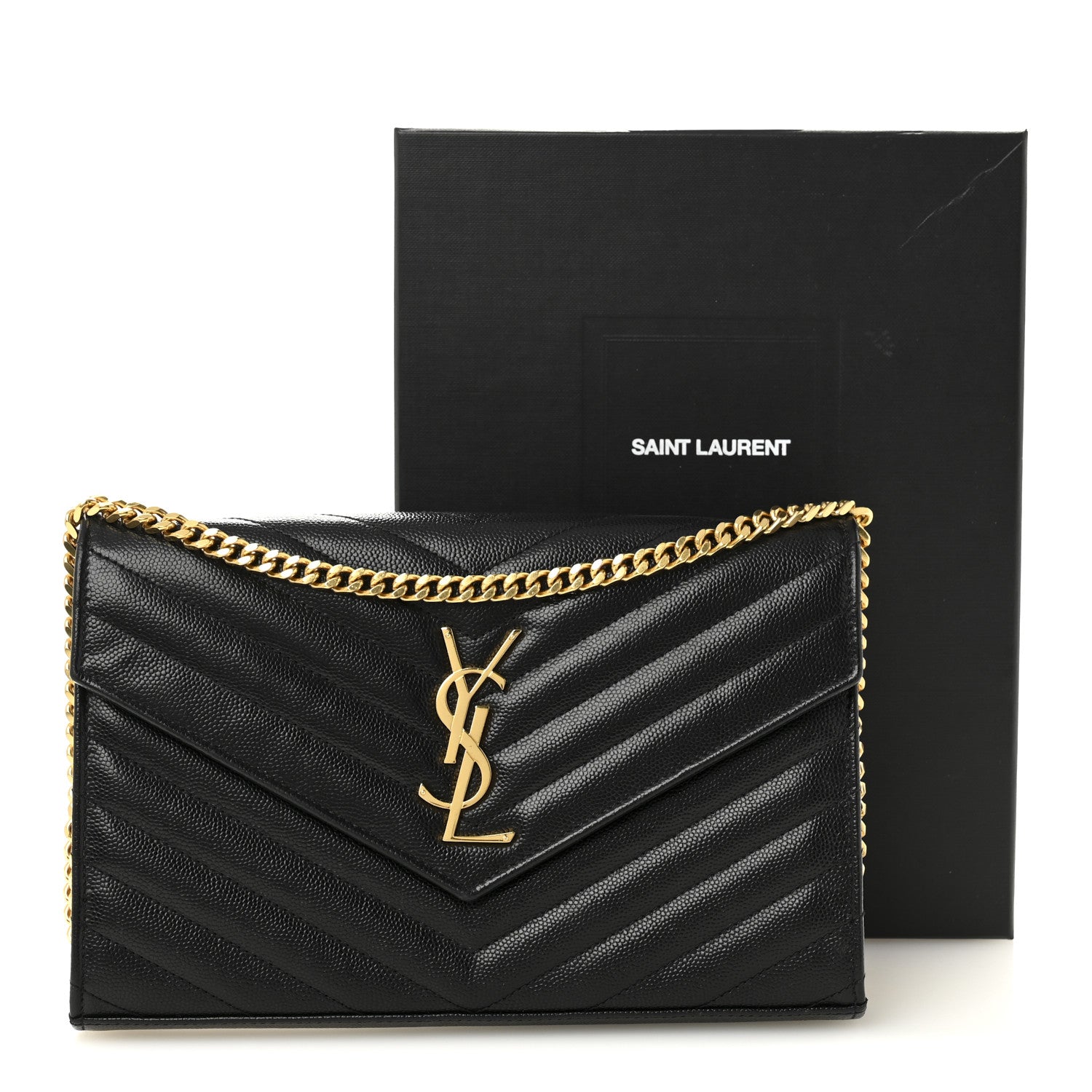Saint Laurent Grain De Poudre Matelasse Chevron Monogram Chain Wallet Black 10 of 10