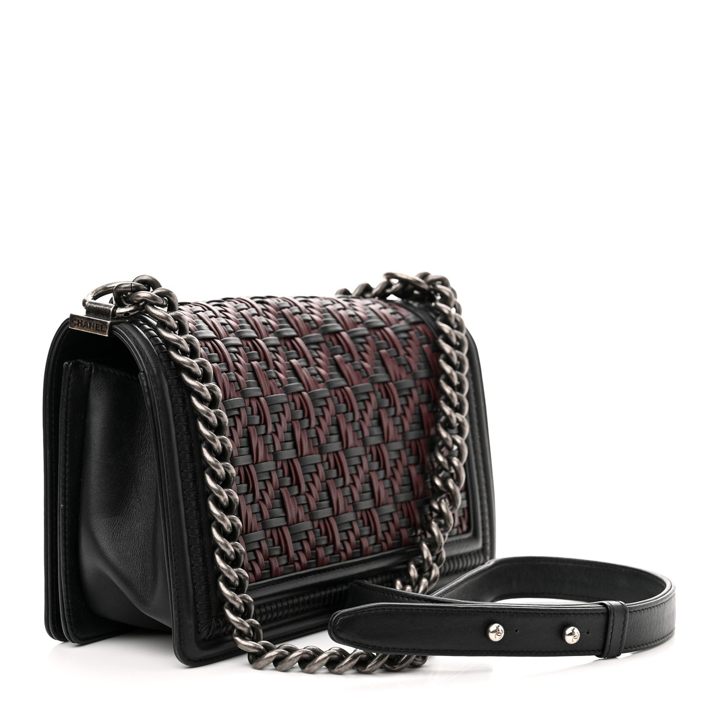 Calfskin Woven Medium Boy Flap Blue Burgundy