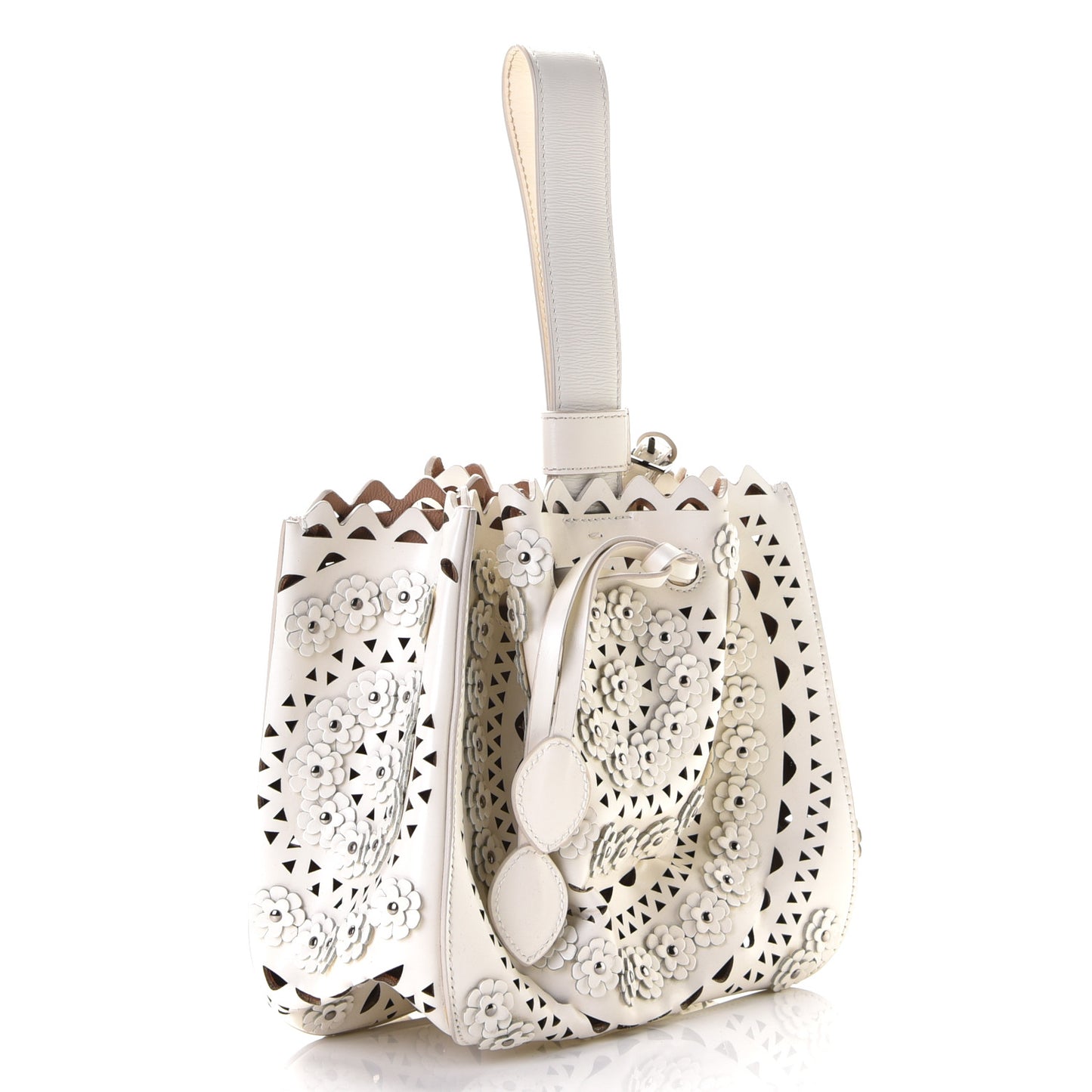 Calfskin Laser Cut Floral Studded Rose-Marie 19 Bag White