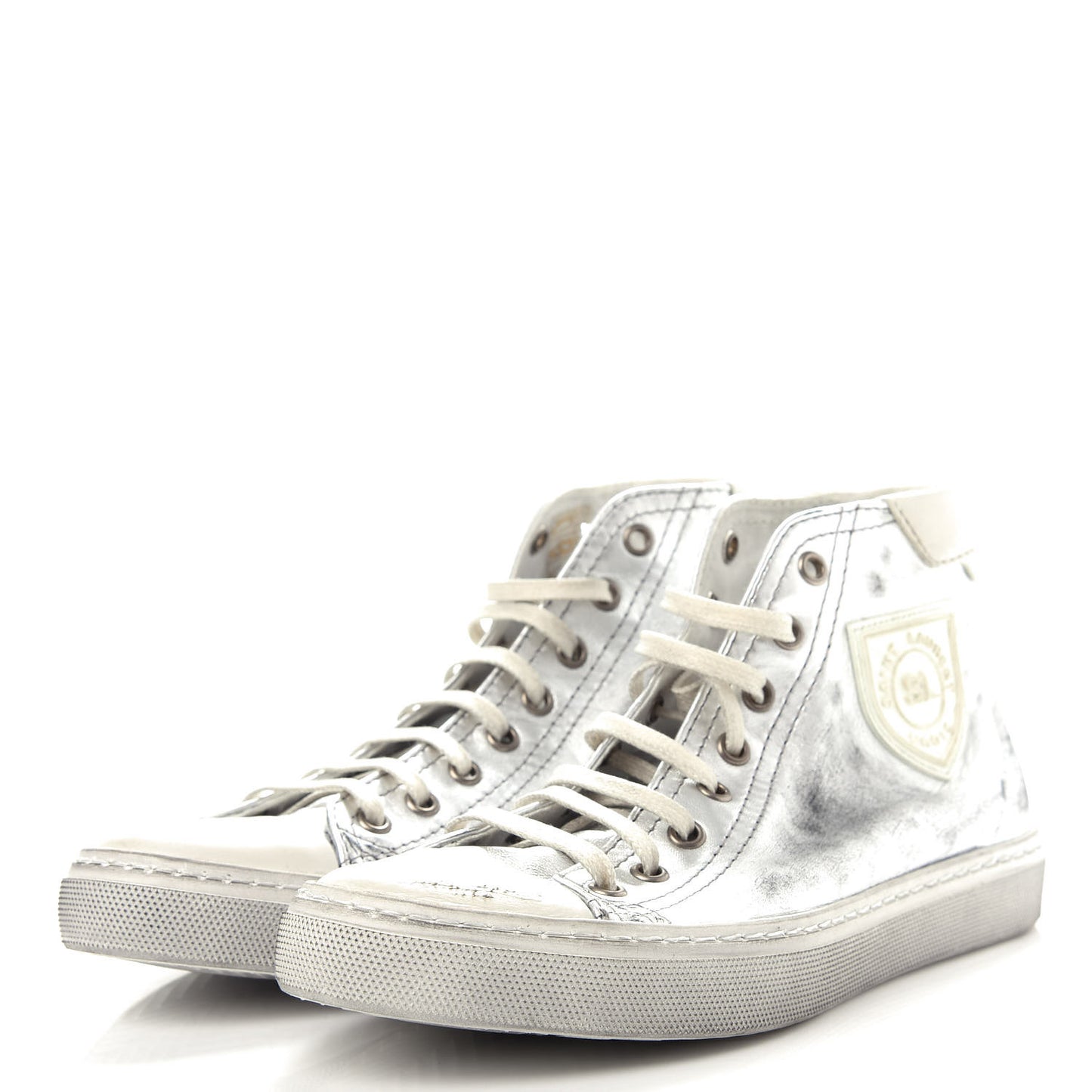 Distressed Calfskin Bedford Logo-Appliqued Hightop Sneakers 36 Argento Cream White