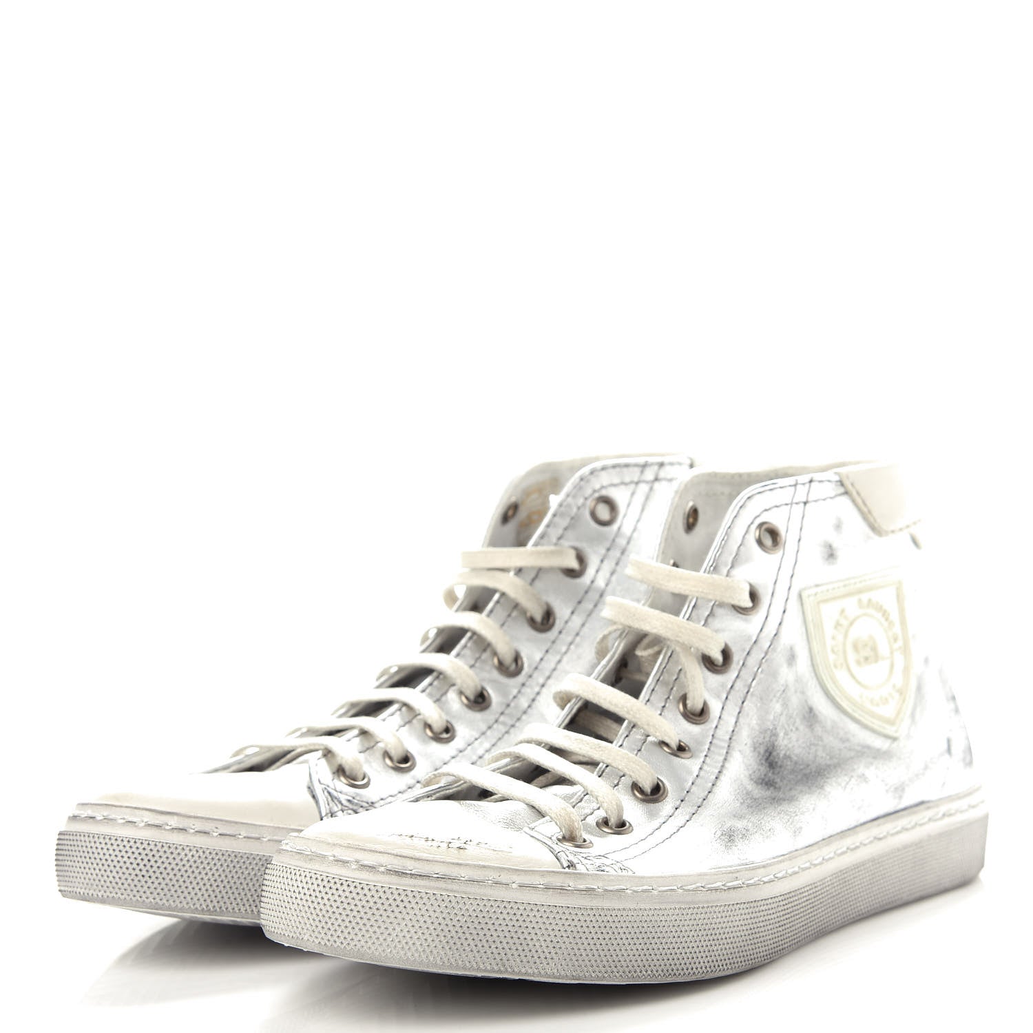 Saint Laurent Distressed Calfskin Bedford Logo-Appliqued Hightop Sneakers 36 Argento Cream White 3 of 11