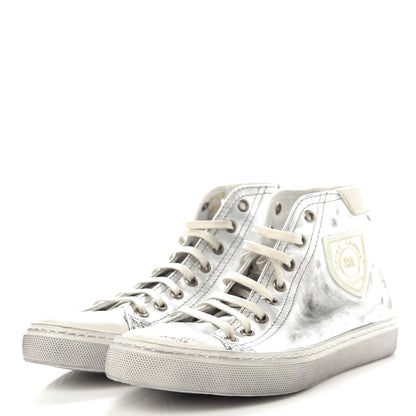 Saint Laurent Distressed Calfskin Bedford Logo-Appliqued Hightop Sneakers 36 Argento Cream White 3 of 11