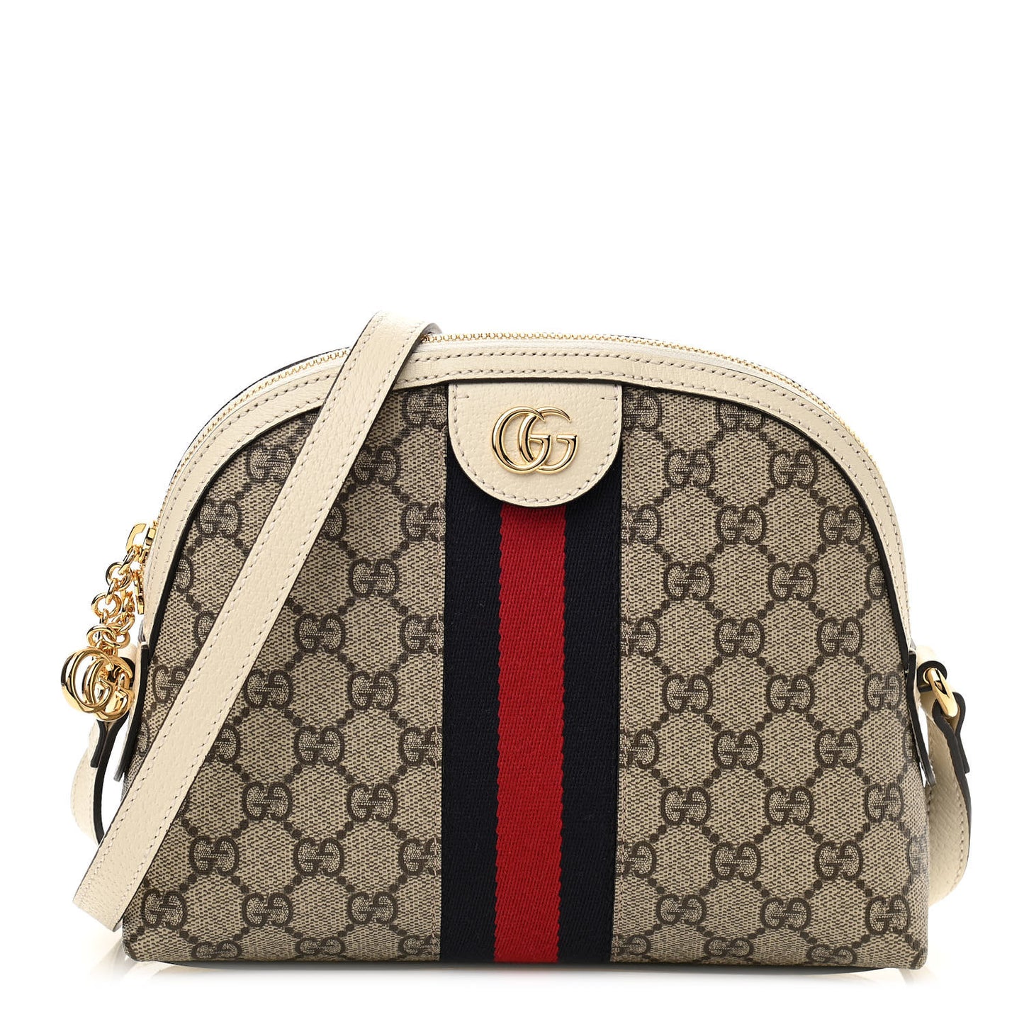 GG Supreme Monogram Textured Dollar Calfskin Web Small Ophidia Dome Shoulder Bag Beige Ebony Mystic White