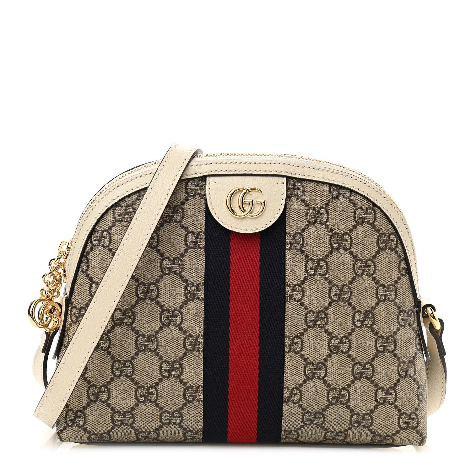 Gucci GG Supreme Monogram Textured Dollar Calfskin Web Small Ophidia Dome Shoulder Bag Beige Ebony Mystic White 1 of 11