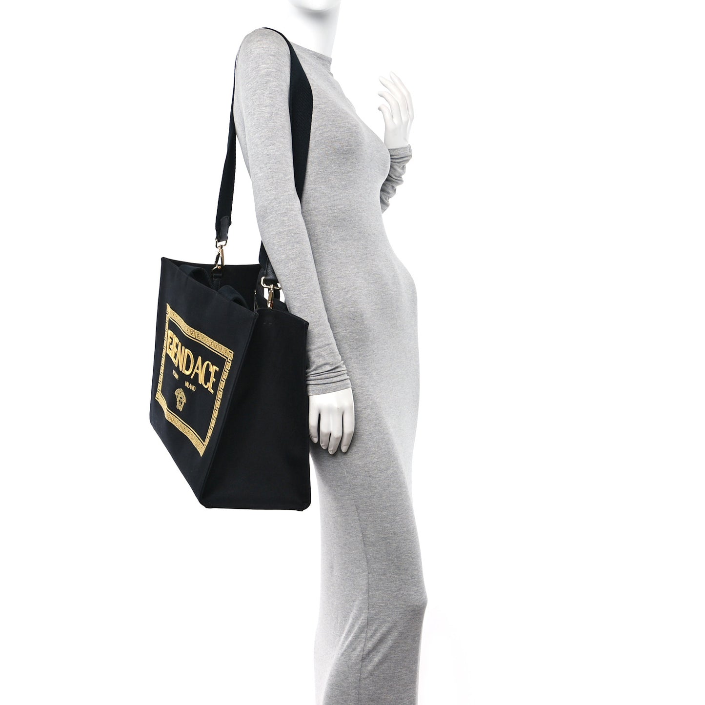 X VERSACE Cotton Canvas Cuoio Romano Fendace Logo Embroidered Signature Shopping Tote Black Gold