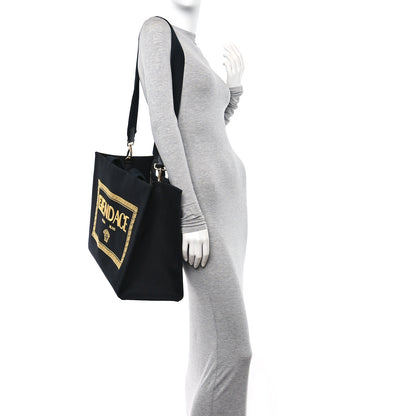 Fendi X VERSACE Cotton Canvas Cuoio Romano Fendace Logo Embroidered Signature Shopping Tote Black Gold 2 of 14