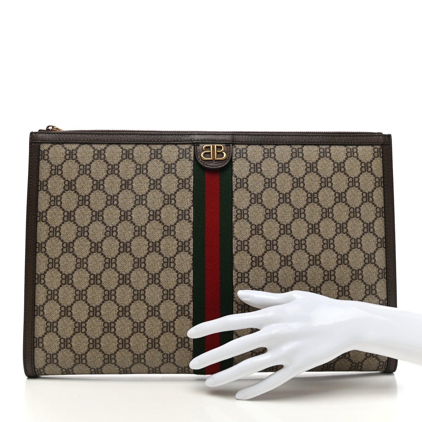 X BALENCIAGA BB Supreme Monogram Web Ophidia Laptop Pouch Beige New Acero