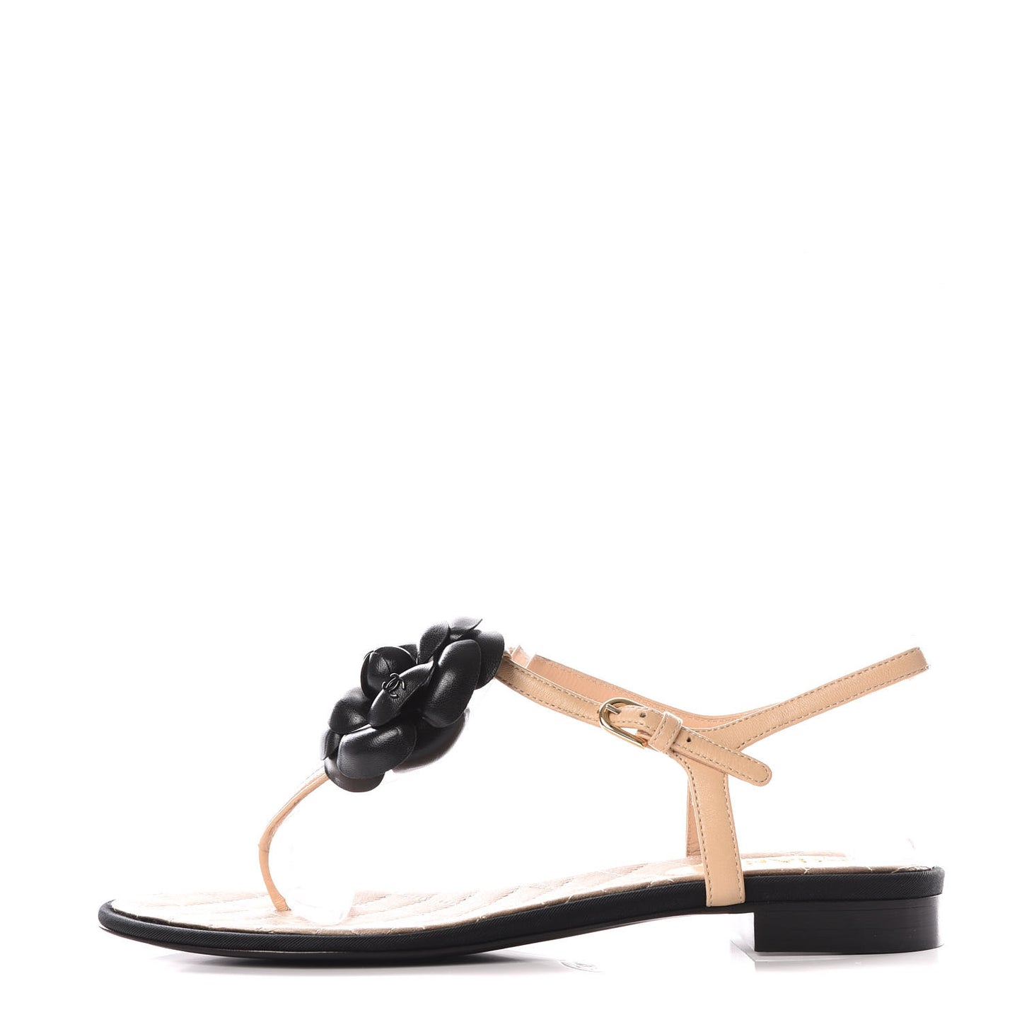 Lambskin Camellia Thong Sandals 39 Beige Black