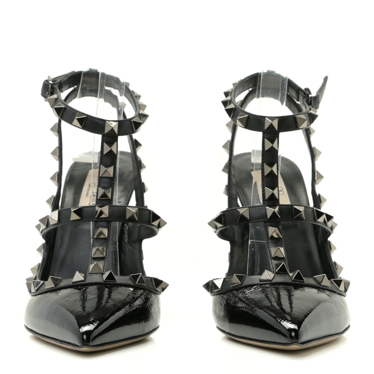 Crinkled Patent Rockstud Ankle Strap 100mm Pumps 37.5 Black