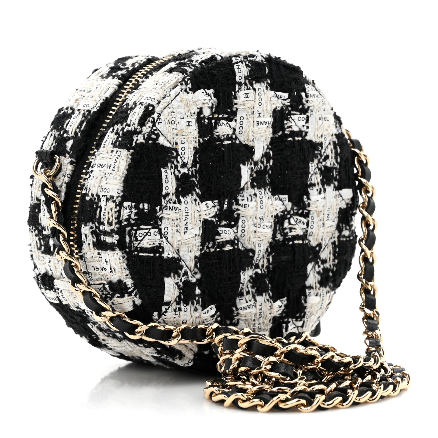 Chanel Tweed Quilted Round Clutch With Chain Black Ecru White 3 of 11