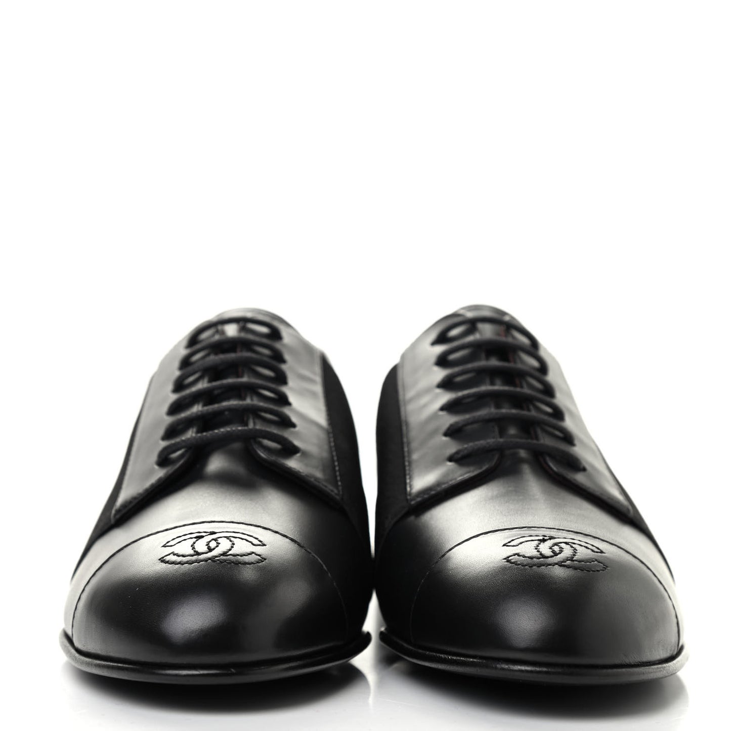 Calfskin Elastic Lace Up Cap Toe CC Loafers 36 Black