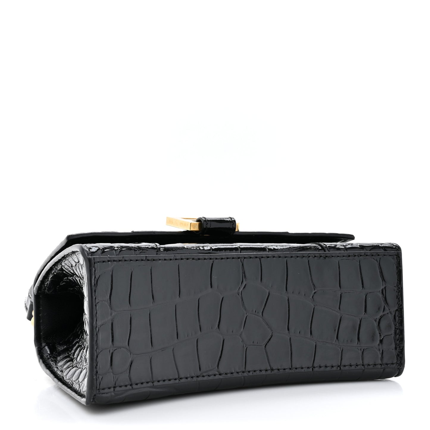 Shiny Calfskin Crocodile Embossed Hourglass Top Handle Bag XS Black