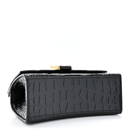 Balenciaga Shiny Calfskin Crocodile Embossed Hourglass Top Handle Bag XS Black 4 of 12