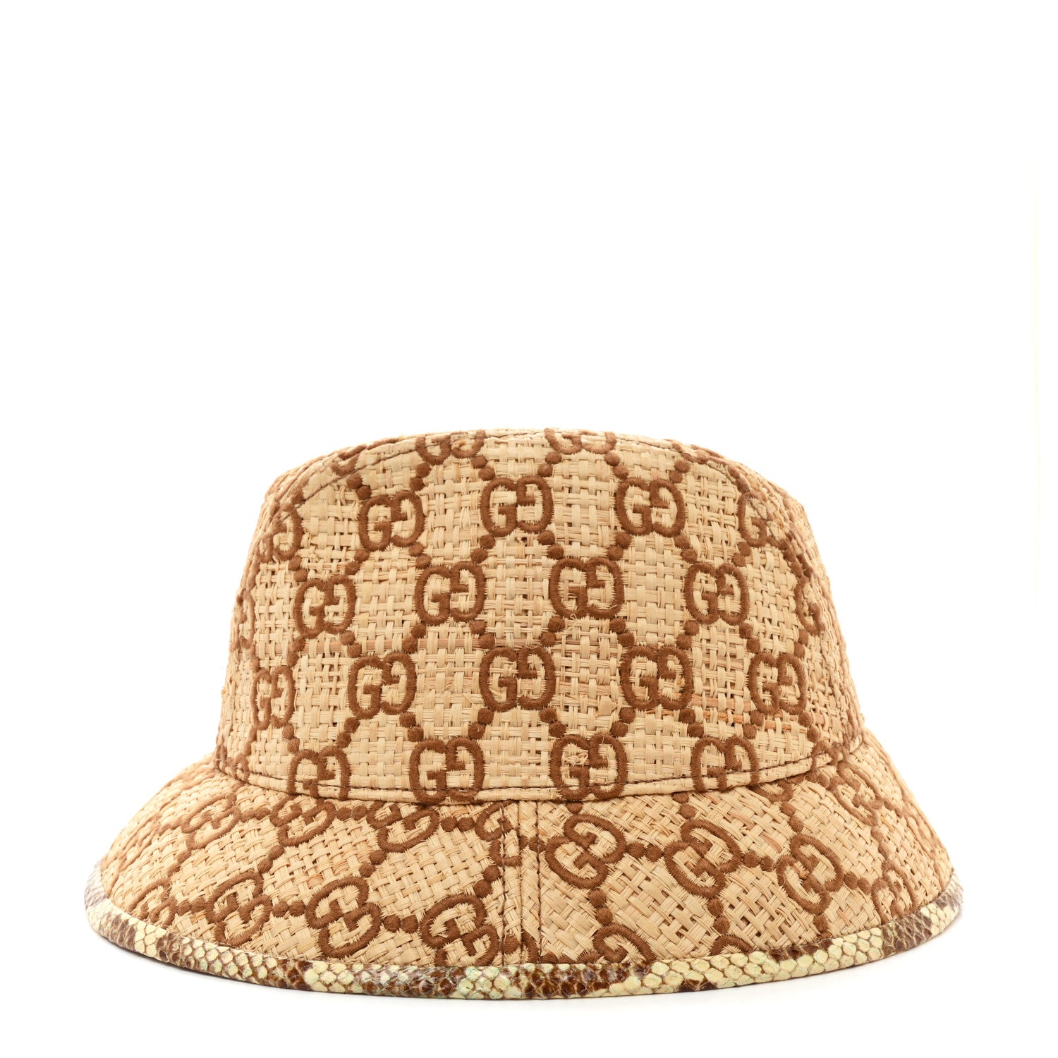 Gucci Raffia Elaphe GG Monogram Embroidered Basmaa Fedora Hat L Ivory Dark Brown 4 of 9