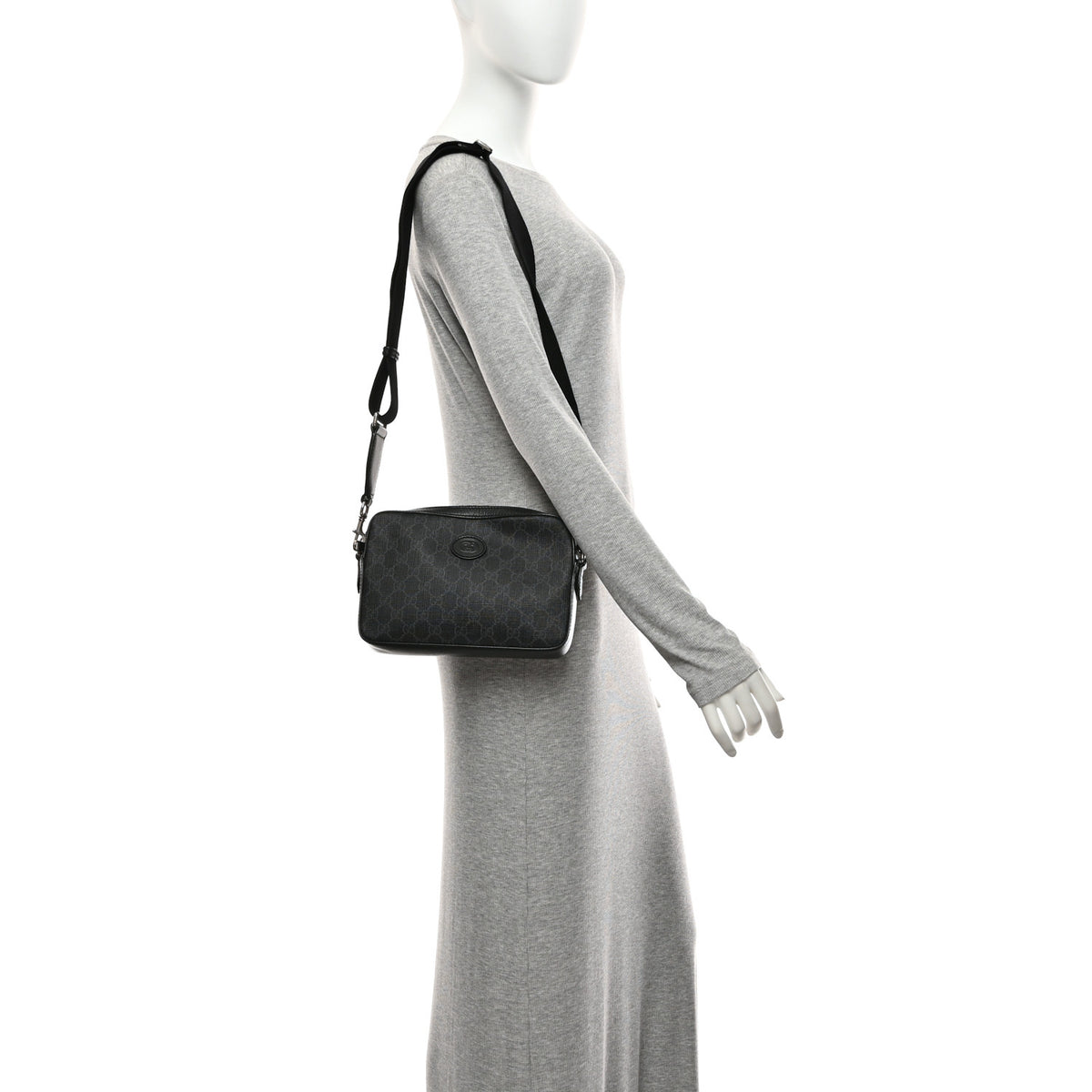 GG Supreme Monogram Azalea Calfskin Retro Interlocking G Wristlet Shoulder Bag Black