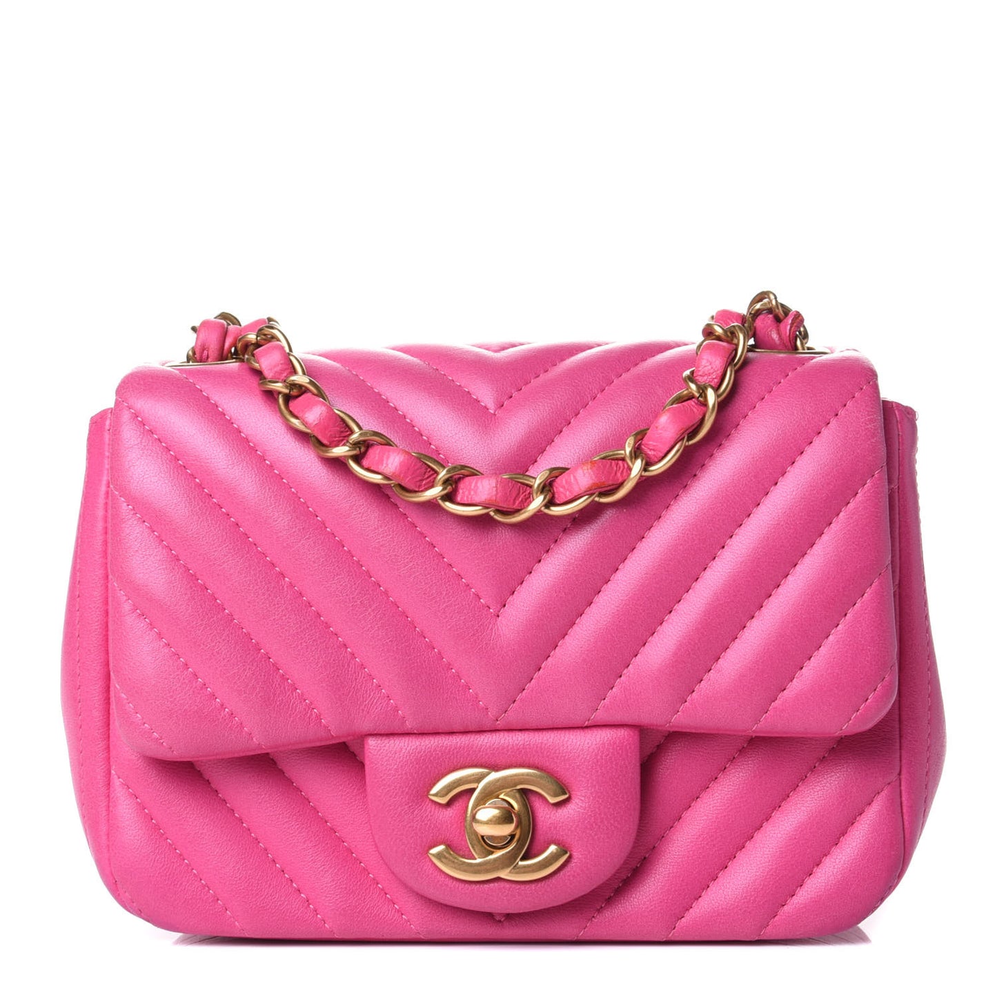 Lambskin Chevron Quilted Mini Square Flap Fuchsia